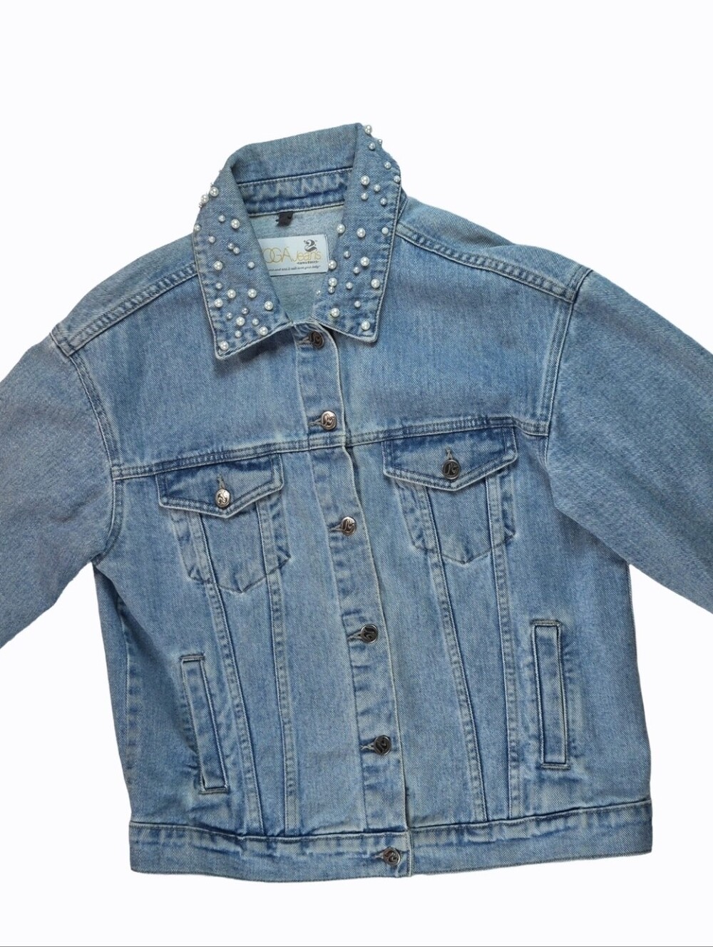 Yoga Jeans Karma Basics Pearl Embellished Collar Denim Jacket Women's M Lt Wash